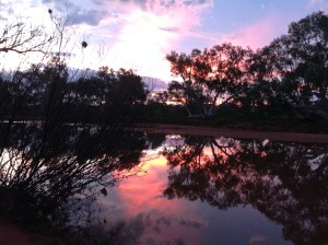 Sunset over the river from our free campsite.