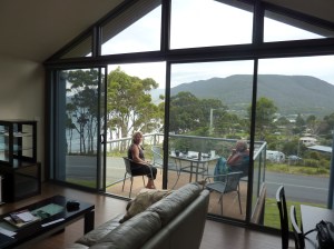 Sitting on the balcony of our unit at Eagle Hawks Neck.