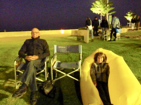 Kay and Brian supporting me and the band - check out the pod Kay is cocooned in against the cold - cool eh!