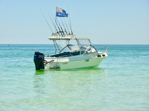 Boats anchored while it's owners enjoy a picnic on the shore.