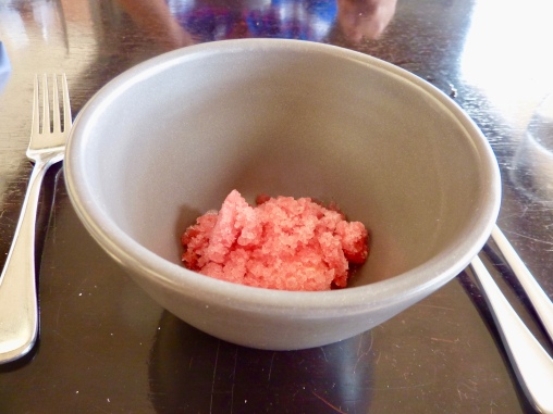 Complimentary palate cleanser - goats yogurt with raspberry granita.